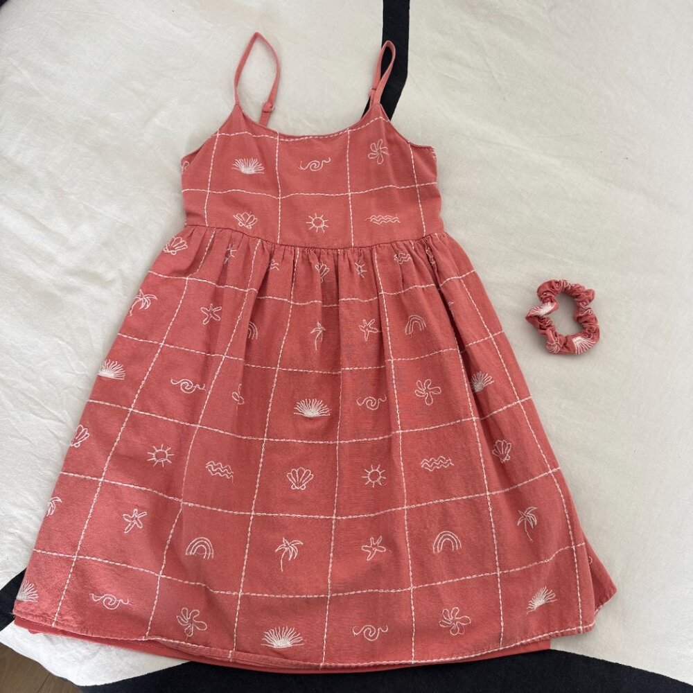 Girls Coral Summer Dress + Matching Scrunchie | Beachy Vacation Print Sz 12 - Picture 2 of 6